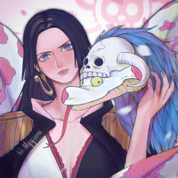 Rule 34 | 1girl, animal, artist name, black hair, blue eyes, boa hancock, commentary, earrings, highres, jewelry, long hair, looking at viewer, mygiorni, one piece, salome (one piece), skull, snake, snake earrings, solo, teeth, tongue, tongue out