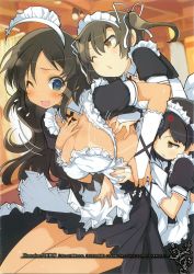 Rule 34 | 3girls, ;d, ;o, amaro (magazine), anger vein, apron, artist name, black hair, blue eyes, blush, breasts, bridal gauntlets, brown eyes, brown hair, character request, cleavage, from behind, hand on own chest, highres, holding, holding hands, large breasts, long hair, magazine scan, maid, maid apron, maid headdress, multiple girls, official art, one eye closed, open mouth, scan, scan artifacts, skirt, smile, tan, tanline, tickling, tickling armpits, tickling breasts, tickling sides, translated, twintails, unworn headwear, wink, yaegashi nan