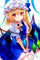 Rule 34 | 1girl, alternate color, blue nails, blue ribbon, blue skirt, blue vest, blush, bow, breasts, collared shirt, commentary request, crystal, flandre scarlet, frilled skirt, frills, hands on ground, hat, hat ribbon, looking at viewer, mob cap, nail polish, pointy ears, puffy short sleeves, puffy sleeves, red eyes, ribbon, sakizaki saki-p, shirt, short sleeves, side ponytail, simple background, sitting, skirt, small breasts, smile, solo, touhou, twitter username, vampire, vest, white background, white hat, wing collar, wings, wrist cuffs, yellow neckwear, yellow ribbon