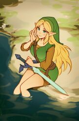 Rule 34 | 1girl, absurdres, alternate costume, blonde hair, commentary, cosplay, costume switch, day, elbow sleeve, english commentary, green tunic, hat, highres, link, long hair, long sleeves, master sword, nintendo, outdoors, oxcoxa, pointy ears, princess zelda, scenery, sitting, solo, sword, the legend of zelda, the legend of zelda: breath of the wild, tunic, water, weapon