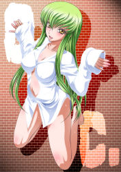 Rule 34 | 1girl, bare legs, barefoot, blush, breasts, brick wall, c.c., character name, cleavage, code geass, commentary request, dress shirt, green hair, hair between eyes, hands up, highres, kaname aomame, kneeling, large breasts, looking at viewer, navel, no bra, no pants, open clothes, open shirt, shadow, shirt, sidelocks, sleeves past wrists, smile, solo, white shirt, yellow eyes