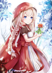 Rule 34 | 1girl, bare tree, black pantyhose, blue eyes, blurry, blurry background, blurry foreground, blush, braid, breasts, cape, capelet, closed mouth, commentary request, depth of field, dress, fate/grand order, fate (series), flower, heroic spirit festival outfit, highres, holding, holding flower, light brown hair, long hair, marie antoinette (fate), marie antoinette (festival outfit) (fate), multicolored cape, multicolored clothes, mutang, official alternate costume, pantyhose, pink cape, puffy short sleeves, puffy sleeves, red capelet, red dress, red flower, red rose, rose, short sleeves, small breasts, smile, solo, tree, veil, very long hair