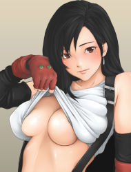 Rule 34 | 1990s (style), 1girl, black hair, blush, breasts, clothes lift, earrings, elbow gloves, final fantasy, final fantasy vii, fingerless gloves, gloves, hebameki, highres, jewelry, large breasts, long hair, red eyes, retro artstyle, shirt lift, solo, square enix, suspenders, tank top, tifa lockhart, underboob