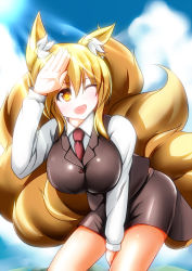 Rule 34 | 1girl, ;o, alternate costume, animal ears, blonde hair, blush, breasts, cosplay, female focus, fox ears, fox tail, koakuma, koakuma (cosplay), large breasts, long sleeves, merry (diameri), multiple tails, necktie, office lady, one eye closed, open mouth, short hair, skirt, smile, solo, sun, tail, touhou, vest, yakumo ran, yellow eyes