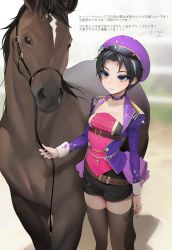Rule 34 | 1girl, absurdres, animal, arm at side, belt, belt buckle, black choker, black hair, black shorts, blue eyes, blurry, blurry background, brown thighhighs, buckle, casey (shining star), choker, commentary request, cowboy shot, cross, depth of field, eyeshadow, floral print, forehead, hat, highres, horse, jacket, long sleeves, looking away, makeup, multicolored hair, nail polish, ohisashiburi, open clothes, open jacket, parted lips, print thighhighs, purple hat, purple jacket, purple nails, rose print, shining star, short hair, short shorts, shorts, sleeve cuffs, solo, spiked choker, spikes, streaked hair, thighhighs, translation request, waist cape