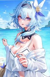 Rule 34 | 1girl, alternate costume, artist name, bare shoulders, beach, black hairband, blue hair, blue nails, blue sky, breasts, camisole, cleavage, commentary request, crop top, crop top overhang, crossed bangs, dasha, day, detached collar, double-parted bangs, eula (genshin impact), genshin impact, hair between eyes, hair intakes, hair ornament, hairband, hands up, hat, highres, horizon, jacket, large breasts, looking at viewer, medium hair, multicolored eyes, nail polish, ocean, off shoulder, open mouth, outdoors, purple eyes, see-through, see-through jacket, sidelocks, sky, smile, solo, sun hat, sweat, upper body, water, wet, white camisole, white jacket