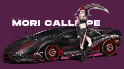 Rule 34 | 1girl, adapted costume, black footwear, boots, car, character name, commentary, english commentary, english text, ex-trident, eyewear on head, highres, hololive, hololive english, knee boots, long hair, looking at viewer, mori calliope, motor vehicle, pink hair, purple background, red eyes, scythe, solo, sunglasses, translation request, vehicle focus, vehicle request, virtual youtuber