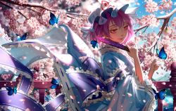 Rule 34 | 1girl, absurdres, arm garter, arm ribbon, arm strap, blue bow, blue butterfly, blue hat, blue kimono, blue ribbon, blue sash, blue sky, blurry, blurry background, blush, bow, branch, bridge, bug, butterfly, butterfly on hand, cherry blossoms, cloud, commentary, day, eyelashes, falling petals, flower, folding fan, frilled kimono, frilled sash, frilled sleeves, frills, glowing, glowing butterfly, half-closed eyes, hand fan, hands up, hat, highres, holding, holding fan, insect, japanese clothes, kimono, light particles, lips, long sleeves, mob cap, mountainous horizon, obi, outdoors, petals, pink eyes, pink flower, pink hair, puffy sleeves, railing, ribbon, ribbon-trimmed sleeves, ribbon trim, saigyouji yuyuko, sash, short hair, sidelocks, signature, sky, smile, solo, touhou, tree, triangular headpiece, twitter username, water, wavy hair, wide sleeves, ze xia