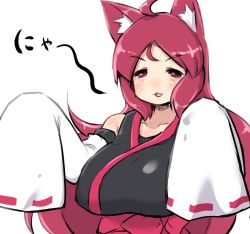 Rule 34 | 1girl, :3, ahoge, animal ear fluff, animal ears, bare shoulders, black kimono, blush, breasts, collarbone, commentary request, detached sleeves, fox ears, hands up, japanese clothes, kemurikusa, kimono, large breasts, long hair, long sleeves, open mouth, red eyes, red hair, ribbon-trimmed sleeves, ribbon trim, ritsu (kemurikusa), simple background, sleeves past fingers, sleeves past wrists, solo, translation request, u-non (annon&#039;an), upper body, very long hair, white background, white sleeves