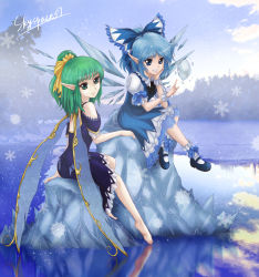 Rule 34 | 2girls, barefoot, blue eyes, blue hair, bow, cirno, daiyousei, feet, green eyes, green hair, hair bow, ice, mary janes, multiple girls, pointy ears, shoes, short hair, skyspace, soles, toes, touhou, wings, wrist cuffs
