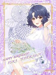 Rule 34 | 1girl, :d, absurdres, bare shoulders, blue hair, blush, bouquet, bracelet, breasts, brown eyes, character name, dark blue hair, dress, earrings, feet out of frame, flower, framed, frills, hand in own hair, happy birthday, highres, idolmaster, idolmaster million live!, idolmaster million live! theater days, jewelry, large breasts, long sleeves, looking at viewer, nail polish, necklace, open mouth, see-through, see-through sleeves, shiro (ongrokm), short hair, sitting, smile, solo, tongue, toyokawa fuka, wavy hair, white dress