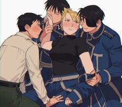 Rule 34 | 1girl, aged down, amestris military uniform, black hair, black shirt, blonde hair, blue jacket, blush, closed eyes, closed mouth, commentary, conqueror of shambala, couple, earrings, embarrassed, english commentary, eye contact, eyepatch, folded ponytail, fullmetal alchemist, gloves, hand on another&#039;s thigh, hand up, hetero, holding another&#039;s wrist, jacket, jewelry, kiss, kissing hand, long sleeves, looking at another, looking away, looking back, multiple persona, off shoulder, profile, raicchi (raicchi96), red eyes, riza hawkeye, roy mustang, shirt, short hair, short sleeves, simple background, smirk, stud earrings, tight clothes, tight shirt, turtleneck, undressing, updo, white background, white gloves, white shirt