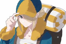 Rule 34 | 1boy, aoi (altea0923), backpack, bag, blonde hair, blue jumpsuit, brown bag, closed mouth, collarbone, commentary request, creatures (company), game freak, grey eyes, hair over one eye, hand on headwear, hand up, hat, jumpsuit, long sleeves, male focus, nintendo, pokemon, pokemon legends: arceus, short hair, smile, solo, upper body, volo (pokemon), white background, yellow hat