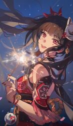 Rule 34 | 1girl, :d, bare shoulders, bell, black choker, blue sky, bow, breasts, brown hair, choker, detached sleeves, dress, fireworks, floating hair, fox mask, from side, hair bow, head tilt, highres, holding fireworks, honkai: star rail, honkai (series), large breasts, long hair, looking at viewer, mask, mask on head, neck bell, night, obi, open mouth, outdoors, pink eyes, red bow, red dress, red sleeves, sash, short sleeves, sidelocks, sky, sleeveless, sleeveless dress, smile, solo, sparkle (honkai: star rail), sparkler, teeth, twintails, upper teeth only, zerotabi1210