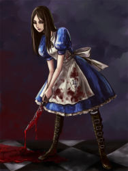 Rule 34 | 1girl, alice: madness returns, alice (alice in wonderland), alice in wonderland, alice liddell (american mcgee&#039;s alice), american mcgee&#039;s alice, apron, blood, boots, brown hair, dress, knife, long hair, natsume k, solo, vorpal blade, weapon