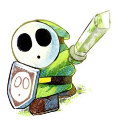 Rule 34 | 1boy, bad id, bad pixiv id, coin rand, full body, grass, male focus, mario (series), mask, nintendo, no humans, parody, shield, shy guy, solo, sword, the legend of zelda, weapon, white background
