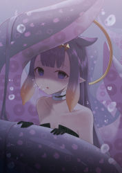 Rule 34 | 1girl, absurdres, air bubble, bad id, bad pixiv id, bare arms, bare shoulders, black dress, black gloves, blunt bangs, blush, bubble, collarbone, commentary, dd 0000, dress, gloves, halo, heart, heart print, highres, hololive, hololive english, long hair, looking at viewer, mole, mole under eye, monster girl, ninomae ina&#039;nis, ninomae ina&#039;nis (1st costume), pointy ears, purple eyes, purple hair, solo, tentacles, underwater, virtual youtuber
