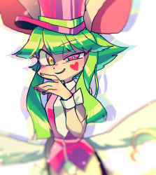 Rule 34 | 1girl, absurdres, animal ears, breasts, crazy eyes, green hair, hat, heart, heart print, highres, leotard, mad rat dead, mouse (animal), mouse ears, mouse girl, mouse tail, nippon ichi, rat god, red eyes, tail, top hat, wings, wrist cuffs
