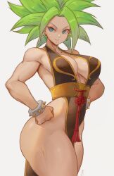Rule 34 | 1girl, absurdres, alterlesott, bracelet, breasts, capcom, chinese clothes, chun-li, cosplay, dragon ball, dragon ball super, earrings, green eyes, green hair, highres, jewelry, kefla (dragon ball), large breasts, muscular, muscular female, short hair, solo, spiked bracelet, spikes, street fighter, thick thighs, thighs