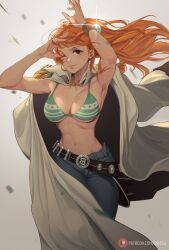 Rule 34 | 1girl, arms up, belt, belt buckle, bikini, bikini top only, blue pants, bracelet, breasts, buckle, cleavage, closed mouth, coat, coat on shoulders, commentary, english commentary, floating hair, gintsu, green bikini, highres, jewelry, large breasts, long hair, looking at viewer, midriff, nami (one piece), navel, one eye closed, one piece, orange eyes, orange hair, pants, patreon username, smile, solo, swimsuit, toned, two-tone bikini, white coat