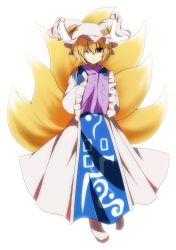 Rule 34 | 1girl, animal hat, bad id, bad pixiv id, blonde hair, dress, fox tail, hands in opposite sleeves, hat, hat with ears, light smile, looking at viewer, mob cap, nakukoroni, no shoes, ofuda, one eye closed, short hair, simple background, solo, tabard, tail, tassel, touhou, white background, wink, yakumo ran, yellow eyes