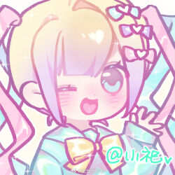 Rule 34 | 1girl, artist name, baobao shucai juan, blonde hair, blue bow, blue eyes, blue hair, blue shirt, blunt bangs, bow, chibi, chinese commentary, chouzetsusaikawa tenshi-chan, commentary request, hair bow, hand up, long hair, long sleeves, looking at viewer, multicolored hair, needy girl overdose, one eye closed, open mouth, pink bow, pink hair, purple bow, quad tails, shirt, smile, solo, upper body, weibo watermark