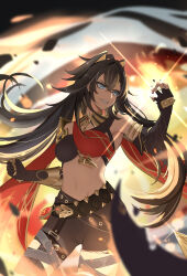 Rule 34 | 1girl, arm armor, asymmetrical clothes, black gauntlets, black hair, black shorts, blue eyes, blurry, blurry background, breasts, cape, clenched teeth, cowboy shot, criss-cross halter, crossed bangs, crossed belts, dark-skinned female, dark skin, dehya (genshin impact), floating hair, genshin impact, gold choker, hair ears, halterneck, hands up, highres, kazezeze, large breasts, looking ahead, looking to the side, multicolored hair, multiple thigh straps, open mouth, red cape, shorts, solo, streaked hair, teeth, vision (genshin impact)