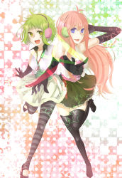 Rule 34 | 2girls, :d, :p, ahoge, arm up, bare shoulders, black footwear, black legwear, black skirt, blue eyes, checkered background, female focus, frilled skirt, frills, full body, green eyes, green hair, gumi, hair between eyes, happy synthesizer (vocaloid), headphones, high heels, highres, index finger raised, long hair, looking at viewer, m-mo, megurine luka, multiple girls, neck, open mouth, outstretched arm, outstretched arms, pantyhose, pink hair, pointing, pointing at viewer, shoes, short hair, skirt, sleeveless, smile, standing, standing on one leg, striped legwear, thighhighs, tongue, tongue out, vest, vocaloid, white skirt, white vest, zettai ryouiki