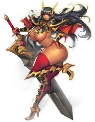 Rule 34 | 1girl, armor, ass, black hair, breasts, dark-skinned female, dark elf, dark skin, elf, full body, gurimjang, headpiece, high heels, highres, holding, holding sword, holding weapon, large breasts, long hair, long sword, looking at viewer, open mouth, original, pointy ears, red eyes, red thighhighs, revealing clothes, simple background, smile, solo, sword, thighhighs, underboob, weapon, white background
