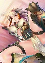 Rule 34 | 1girl, absurdres, armor, barioth (armor), breasts, capcom, covered erect nipples, gloves, hairband, highres, large breasts, lying, momose hisashi, monster hunter (series), monster hunter 3, no panties, red eyes, smile, solo, spread legs