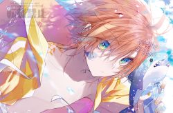 Rule 34 | 1boy, artist name, blue eyes, closed mouth, ear piercing, earrings, highres, jewelry, looking at viewer, male focus, nail polish, orange hair, original, piercing, ponixponi, short hair, signature, solo, sticker, sticker on face, swimsuit, tattoo, water gun, whale