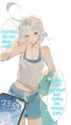 Rule 34 | 1girl, absurdres, ahoge, bare arms, bare shoulders, black bra, blue eyes, blue shorts, bra, breasts, cellphone, cleavage, collarbone, english text, furina (genshin impact), genshin impact, heterochromia, highres, holding, holding pillow, huge ahoge, light blush, midriff, mismatched pupils, navel, open mouth, phone, pillow, shirt, shorts, simple background, sleepy, small breasts, smartphone, solo, speech bubble, standing, timestamp, underwear, white background, white hair, white shirt, yukinika