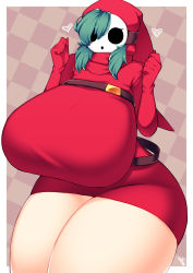 Rule 34 | 1girl, abstract background, belt, breasts, cowboy shot, dress, eyelashes, gigantic breasts, green hair, highres, huge breasts, legs, long hair, mario (series), mask, miniskirt, nintendo, red dress, shy gal, skindentation, skirt, solo, super mario bros. 1, taut clothes, taut dress, thick thighs, thighs, w arms, wide hips, yasume (cheap melon soda)