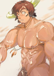 Rule 34 | 1boy, abs, absurdres, after masturbation, animal ears, bara, blush, brown eyes, brown hair, completely nude, cow boy, cow ears, cow horns, cum, cum on body, cum on male, cum on pectorals, cum string, dichuan (arriverw), facial, facial hair, fiery horns, forked eyebrows, from side, glowing horns, goatee, highres, horns, large pectorals, looking at viewer, male focus, male pubic hair, muscular, muscular male, nipples, nude, out-of-frame censoring, pectorals, penis, pubic hair, short hair, solo, thick eyebrows, tokyo houkago summoners, veins, veiny penis, wakan tanka, wide-eyed
