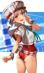 Rule 34 | 1girl, :d, absurdres, ass, belt, belt pouch, blush, cowboy shot, grey hair, hat, highres, looking at viewer, michairu, neckerchief, one-piece swimsuit, open mouth, original, pouch, red one-piece swimsuit, sailor collar, smile, solo, swimsuit, swimsuit under clothes, wrist cuffs, yellow eyes