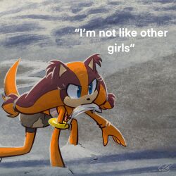 Rule 34 | 1girl, animal ears, animal nose, armlet, badger, badger ears, badger tail, beach, blue eyes, bracelet, brown fur, commentary, english commentary, english text, fish in mouth, furry, furry female, highres, jewelry, latena, low twintails, necklace, orange fur, sonic (series), sonic boom (series), sticks the badger, tail, twintails