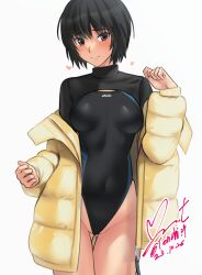 Rule 34 | amagami, artist name, black hair, black one-piece swimsuit, black shrug, blue one-piece swimsuit, blush, brown eyes, closed mouth, commentary, competition swimsuit, cowboy shot, dated, down jacket, gluteal fold, groin, heart, highleg, highleg swimsuit, jacket, long sleeves, looking at viewer, nanasaki ai, off shoulder, one-piece swimsuit, raised eyebrows, short hair, shrug (clothing), signature, simple background, smile, standing, swimsuit, swimsuit under clothes, turtleneck, two-tone swimsuit, white background, yellow jacket, yoo tenchi