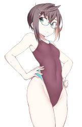 Rule 34 | 1girl, bare arms, blue-framed eyewear, breasts, brown hair, brown one-piece swimsuit, collarbone, commentary request, competition swimsuit, cowboy shot, glasses, green eyes, hair between eyes, hands on own hips, highleg, highleg swimsuit, highres, kantai collection, multicolored hair, okinami (kancolle), one-piece swimsuit, pink hair, purple one-piece swimsuit, shigino sohuzi, short hair, simple background, small breasts, solo, swimsuit, white background