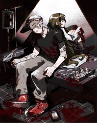 Rule 34 | 1boy, 1girl, bandages, baseball cap, bed, black footwear, black shirt, blood, blood bag, blood on arm, blood on clothes, blood on hands, closed eyes, closed mouth, coat, green hair, grey pants, hat, highres, hospital bed, inari1369, intravenous drip, iv stand, long hair, long sleeves, open mouth, original, pants, pink hair, red footwear, shirt, shoes, short hair, short sleeves, sideways hat, sitting, sleeves past wrists, smile, stitched arm, stitches, tile floor, tiles, very long hair, white coat, white headwear