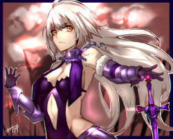Rule 34 | 1girl, absurdres, breasts, cleavage, clothing cutout, elbow gloves, fate/apocrypha, fate/grand order, fate (series), gauntlets, gloves, highres, jeanne d&#039;arc (fate), jeanne d&#039;arc alter (avenger) (fate), jeanne d&#039;arc alter (avenger) (third ascension) (fate), jeanne d&#039;arc alter (fate), kisaragi tsurugi, long hair, medium breasts, navel cutout, revealing clothes, sideboob, silver hair, solo, sword, weapon, yellow eyes