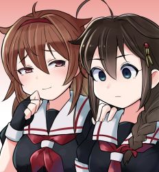 Rule 34 | 1girl, 2girls, ahoge, black gloves, blue eyes, blush, braid, breasts, brown hair, closed mouth, commentary request, empty eyes, fingerless gloves, gloves, hair flaps, hair ornament, hairband, hand on another&#039;s shoulder, highres, kantai collection, long hair, mizoki kei, multiple girls, red hairband, red neckwear, sailor collar, school uniform, serafuku, shigure (kancolle), shiratsuyu (kancolle), short sleeves, simple background, single braid, smile, smug, upper body