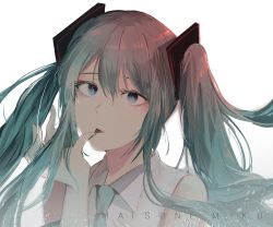 Rule 34 | 1girl, aqua eyes, aqua hair, bad id, bad pixiv id, bare shoulders, cizzi, finger to mouth, floating hair, hair between eyes, hatsune miku, long hair, looking at viewer, nail polish, necktie, sleeveless, solo, tongue, tongue out, twintails, very long hair, vocaloid