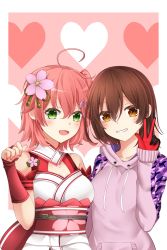 Rule 34 | 2girls, absurdres, ahoge, armband, bare shoulders, belt, belt buckle, breasts, brooch, brown eyes, brown hair, buckle, cherry blossom print, cherry blossoms, cleavage cutout, clothing cutout, detached sleeves, floral print, flower, gloves, green eyes, hair ornament, heart, highres, hololive, hood, hoodie, jewelry, medium breasts, medium hair, multiple girls, nail polish, nontraditional miko, pink hair, pink nails, rin (0917608), roboco-san, roboco-san (hoodie), sakura miko, sakura miko (old design), v, virtual youtuber, w