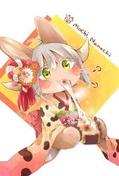 Rule 34 | 1other, puff of air, ahoge, animal ears, animal hands, animal print, artist name, blush, brown fur, character name, chinese zodiac, commentary request, cow print, cropped torso, eating, flower, food, furry, green eyes, grey hair, hair flower, hair ornament, highres, horns, japanese clothes, kimono, made in abyss, making-of available, mochi, mumu yu mu, nanachi (made in abyss), obi, orange flower, other focus, print kimono, sash, short hair, solo, steam, upper body, v-shaped eyebrows, whiskers, year of the ox