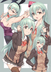 1girl absurdres animal_ears aqua_eyes aqua_hair blazer blush bow bowtie breasts brown_jacket brown_skirt cardigan cellphone detached_collar earrings fake_animal_ears frilled_skirt frills green_background green_nails hair_ornament hairclip highres jacket jewelry kantai_collection large_breasts leotard long_hair looking_at_viewer minosu multiple_persona one_eye_closed open_cardigan open_clothes open_mouth orange_bow orange_bowtie pantyhose phone playboy_bunny pleated_skirt purple_leotard rabbit_ears red_bow red_bowtie school_uniform selfie shirt shrimp_tie skirt smartphone smile solo strapless strapless_leotard suzuya_(kancolle) suzuya_kai_ni_(kancolle) thighhighs white_background