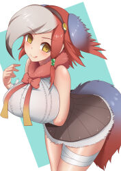 Rule 34 | 1girl, bandaged arm, bandaged leg, bandages, bare shoulders, bird wings, blue hair, blue tail, bow, bowtie, breast hold, breasts, gastornis (kemono friends), hair ornament, head wings, highres, kemono friends, large breasts, licking lips, looking at viewer, morimasakazu, multicolored hair, multicolored tail, red hair, red tail, shirt, simple background, skirt, sleeveless, sleeveless shirt, solo, tail, tongue, tongue out, wings, yellow eyes