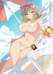 Rule 34 | 10s, 1girl, :q, beach, beach umbrella, bikini, blush, bow, bracelet, breasts, cup, day, drinking glass, food, green eyes, hair bow, haruka (senran kagura), highres, jewelry, large breasts, light brown hair, looking at viewer, lotion, lotion bottle, lying, naughty face, navel, necklace, official art, on side, seductive smile, senran kagura, short hair, smile, solo, sunscreen, swimsuit, tongue, tongue out, umbrella, yaegashi nan