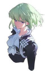 Rule 34 | absurdres, androgynous, ascot, black jacket, closed mouth, from above, green hair, highres, jacket, kurasamerukia, lio fotia, long sleeves, male focus, promare, purple eyes, short hair, sidelocks, simple background, studded, upper body, white ascot, white background