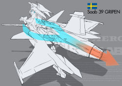 Rule 34 | 1girl, ass, ballet boots, canards, gun, highres, jet engine, looking back, mecha musume, monochrome, nenchi, rifle, saab gripen, short hair, skin tight, solo, sweden, swedish flag, weapon, wings