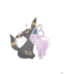 Rule 34 | animal focus, closed eyes, colored sclera, creatures (company), emf ru, espeon, forehead jewel, game freak, gen 2 pokemon, happy, heart, markings, nintendo, no humans, pokemon, pokemon (creature), red sclera, signature, smile, standing, umbreon, white background